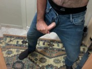 Very hairy guy cock coming out of jeans