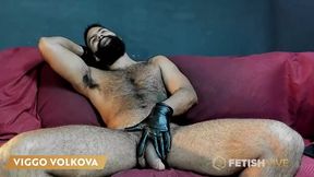 Raw lustful encounter unfolds with rugged man bound by latex gloves & pillow.