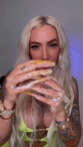 Tattooed blonde bimbo creams massage extra long fake nails fetish fake tits