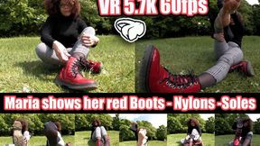 VR 5,7K 60fps | Model Maria shows off her red boots, nylons, and soles in great detail, holding everything up close to the camera