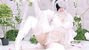 Curvy bride cosplays a girl from Nier: Automata game