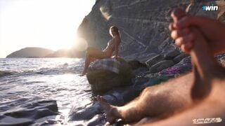 CumForKate - Teen (18+) Beauty Caught Masturbating on Nude Beach, Stranger Joins In for Epic Handjob and Cumshot