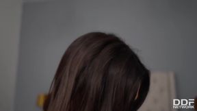 Brunette in erotic, black lingerie and stockings, Krystal Webb likes to ride a fake cock