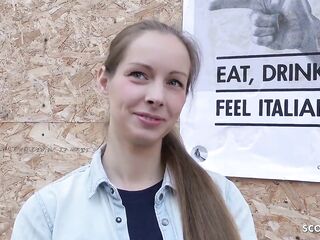 Skinny German teen with blonde hair, Kinuski likes to get down on her knees and suck cock