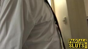 Horny bitch slapped while gagging on cock and doggy styled