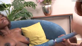 Interracial lesbians fuck with toys until they squirt