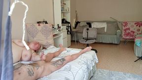 Naked neighbor with big tits sucks and jerks off my cock until cum fills her mouth
