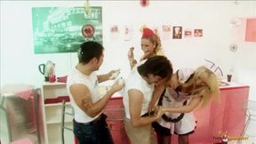 Blonde friends enjoy a wild foursome with whipped cream and hardcore action.