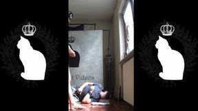 head trampling by Alice in summer sandals (fullbody view)