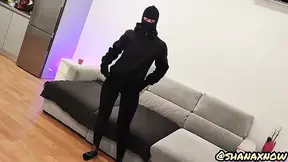 Boyfriend gets a masked balaclava facial from vibrating wand