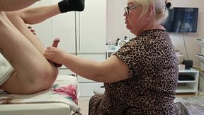 The neighbor plays with my dick with her hands and mouth until I cum