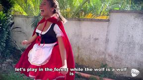 Little Red Riding Hood lost a fruit from her basket and is looking for it in the wolf's pants