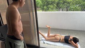 My hot stepsister tanning almost naked on the balcony and I end up missing it hard while the neighbors listen to her moans.