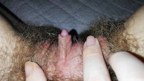 Playing with my wet hairy big clit cummy pussy grool after orgasm