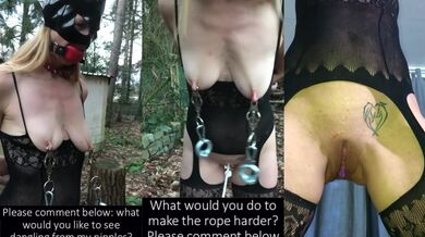 Tabasco drenched pussy rope bondage with nipple weights and cum command