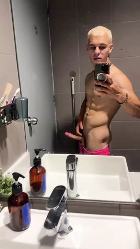 Handsome Blonde Fingering His Dick in the Train Toilet