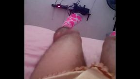 Hot ladyboy wet in lingerie watching porn