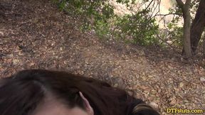 Petite brunette Abbie Maley works big shaft outside