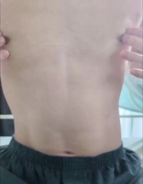 Gay Japanese twink massages and strokes nipples solo with lotion