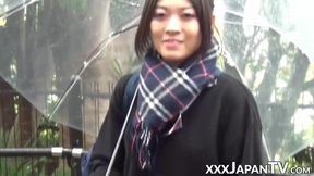 Innocent Japanese cutie flashes panties and teases with a vibe