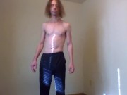 MTF Topless Aroused in Track Pants; Armpit Sniffing and Nipple Teasing