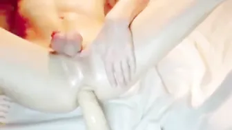 Slim Oiled Twink Stretches His Ass with Giant Dildo