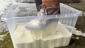 Wedges Boots stuck in Non-Newtonian Fluid, Wedges Boots Messy and Wet, Boots Stuck in Fluid