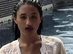 Satomi gets soaking wet in the pool and takes her clothes off
