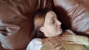 Busty milf gets a surprise blowjob in the toilet