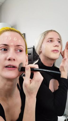 Crossdresser Bailey Wilde and Belyla Bradley Putting on Makeup