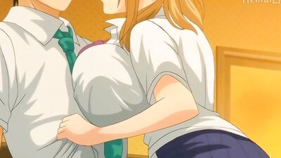 Big-titted blonde babe squeezes her massive tits while getting drilled in this Hentai porn