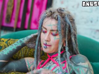 Tattooed Solo Gal Pushing Anal Toys in Lingerie