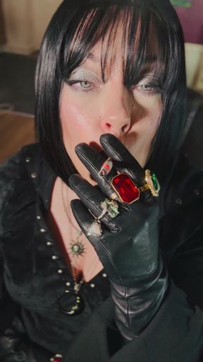 10 Rings Over My Leather Gloves! Smoking Miss Tina Snua Enjoy A cigarette With You