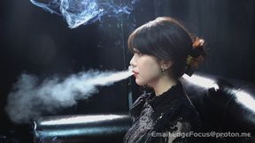 Slow Burn Elegance: Asian QQ Beauty Exhaling Thick Cigarette Smoke on Leather Chesterfield 4K