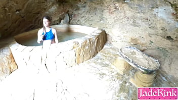 Cute teen blonde girlfriend sucks boyfriend's dick in public sauna