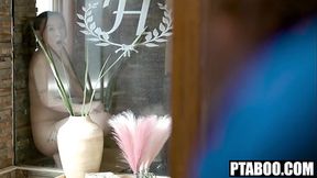 Teen cheerleader caught in shower rubbing her pussy