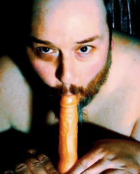 Chubby sucking dildo
