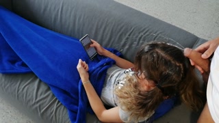 Pee and cum on hair while she is on sofa