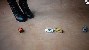 Dominant Woman Crushing Little Car Toys With Her High Heels (czech Sol