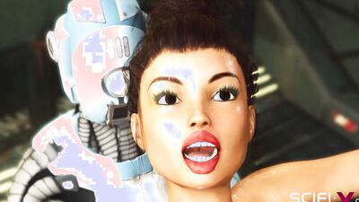 Sexy young babe in cuffs gets her tight ass drilled by sex robot dickgirl's big cock