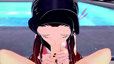 Nezuko Kamado cojiendo en la alberca