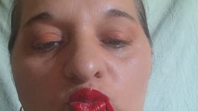 Red Lipstick & Gloss Transformation in a White and Blue Plaid Blouse.