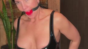 Sexy Milf in PVC Lingerie Ball Gagging Herself and Drooling