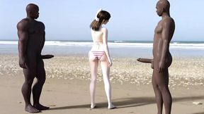 White girl gets fucked by two black guys on the beach