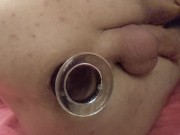 Close up big glass buttplug destroys my asshole