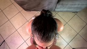 SMALL TITS SLUT getting a MASSIVE CUM FACIAL, SLOPPY SMOKING BLOWJOB, ashing on cock