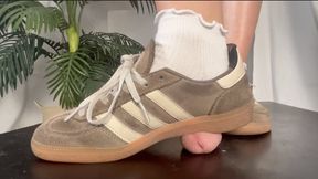 An Adidas Spezial Shoejob and Trampling in white socks) - Shoejob and Sneakerfetish with Cocktrampling and Sock fetish- CBT and Fullbodyweight Cock Crush - Giantess Cam, Cock Crush with socks, 4 camera edit - 4k quality