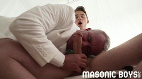 Cole Blue barebacked by suited silver muscle daddy Savage