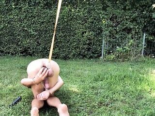 see bare pathetic serf during outdoor party fastened up at homo balls, enema, willing get used as fucktoy, CMNM