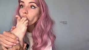 Cute Anime Girl with Pink Hair Plays with Her Feet